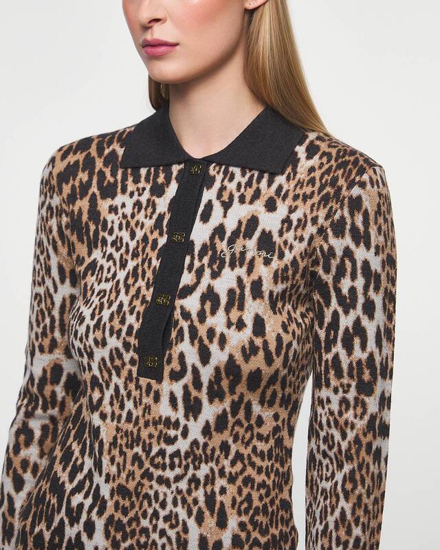 Ganni Fine Merino Jacquard Leopard Polo Leopard XL