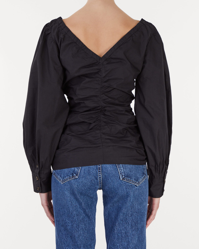 Ganni Blouse Cotton Poplin V-neck Gathered Black 44