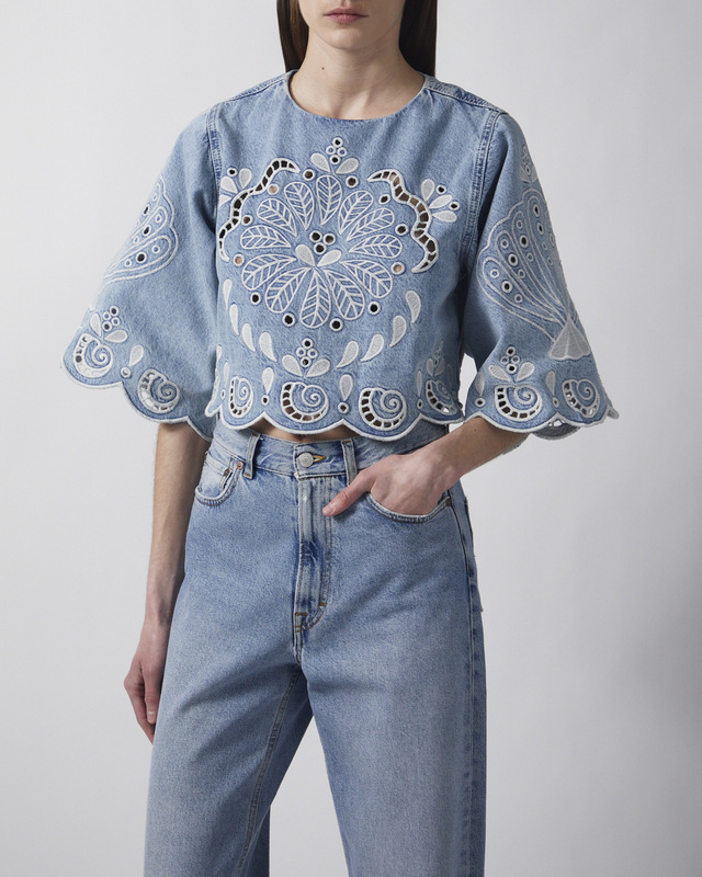 FARM Rio Blouse Denim Richelieux Cropped Denim XS
