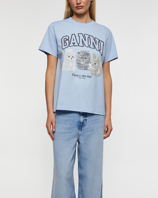 Ganni T-Shirt Basic Cotton Animals Relaxed Ljusblå XS