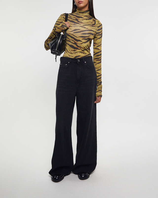 GANNI Topp Printed Shiny Jersey Turtleneck Khaki 38