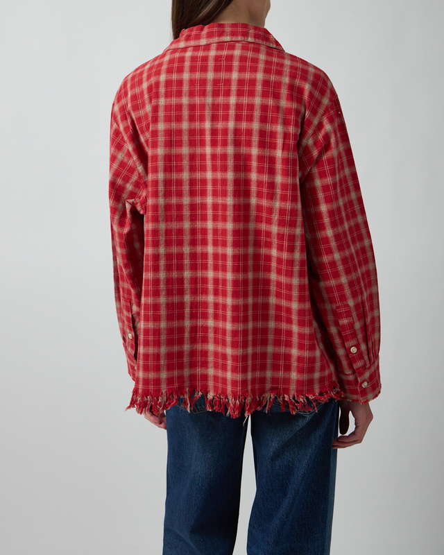 Found Skjorte Camp Raw Cut Fringe Plaid Red L