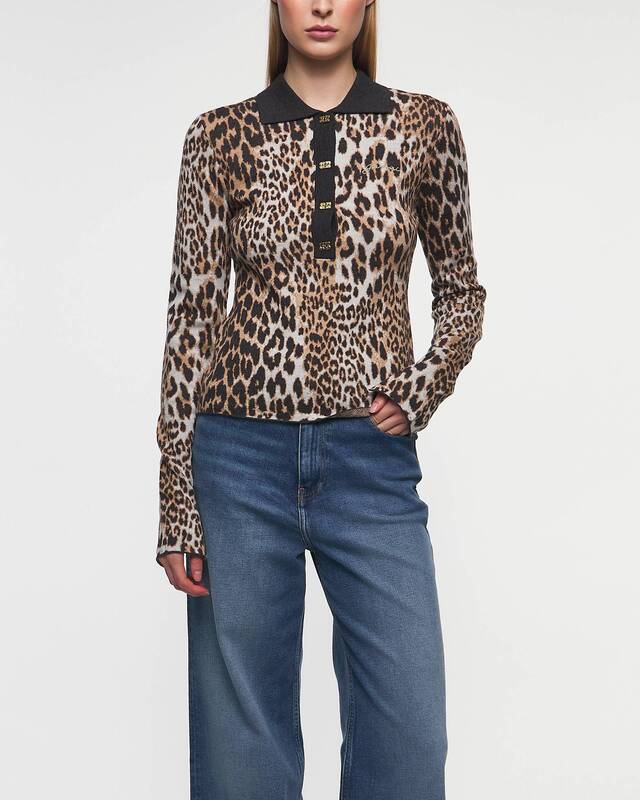 Ganni Fine Merino Jacquard Leopard Polo Leopard XL