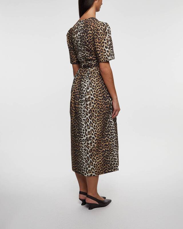 Ganni Dress Printed Cotton Tie Strap Midi  Leopard 42