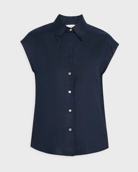 Blouse Linen Cap-Sleeve Button-Front Blue 1