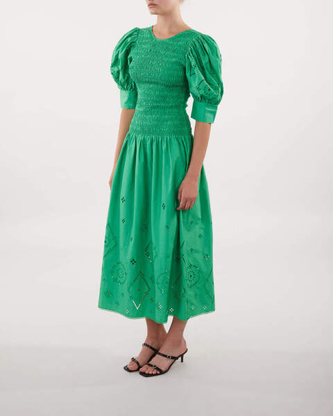 Klänning Broderie Anglaise Maxi Smocked Grön 2
