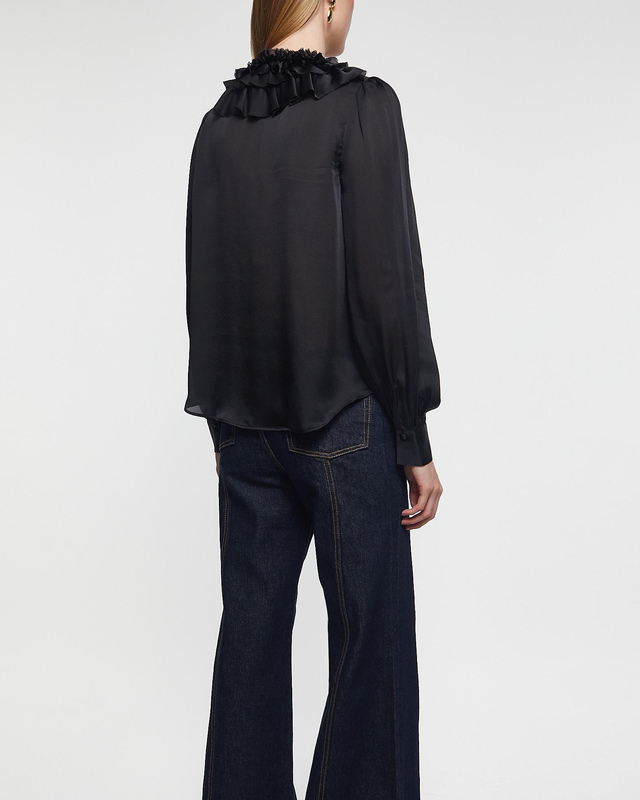 Ulla Johnson Blus Rouen Silk Ruffle Front Long Sleeve  Noir US 4 ( EUR 36)