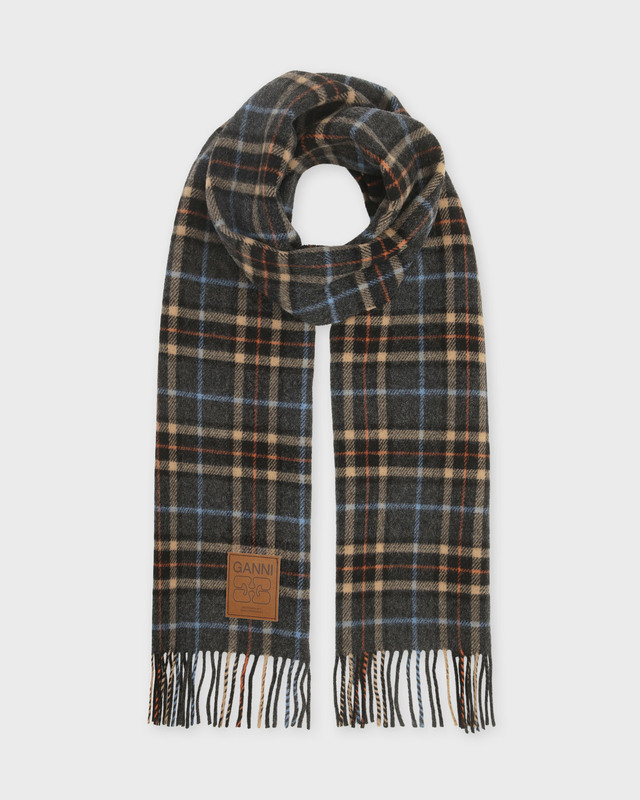 Ganni Scarf Double Face Wool Check  Charcoal ONESIZE