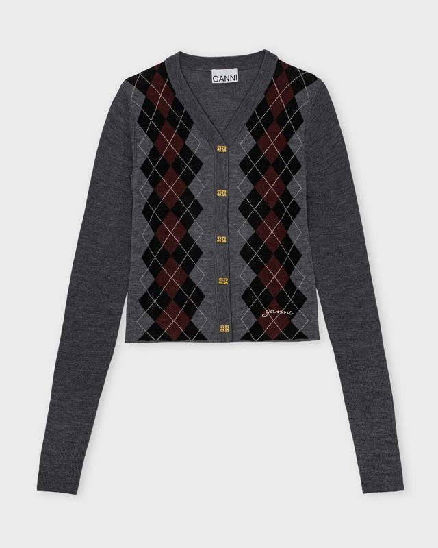 Ganni Cardigan Fine Merino Jacquard Grå S