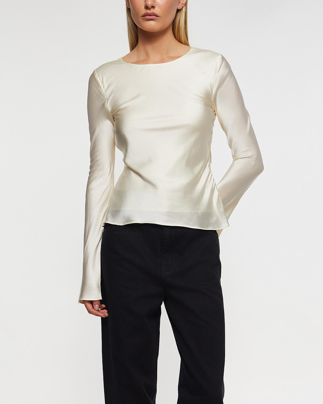 Ganni Blouse Solid Stretch Satin Long Sleeve Egret 34