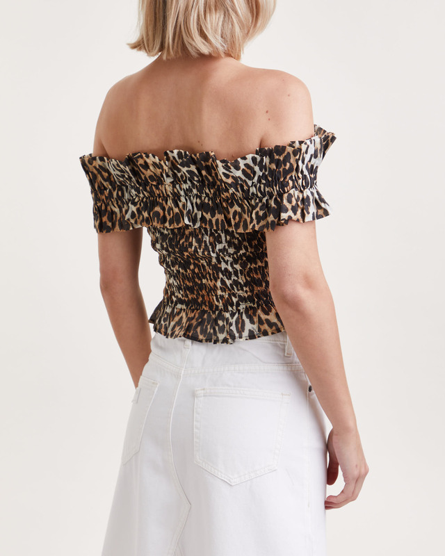 Ganni Topp Sheer Voile Off-shoulder Smock  Almond 38