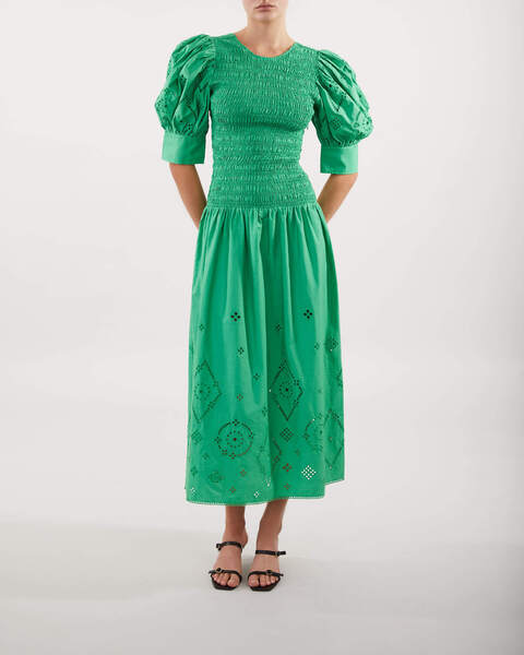 Klänning Broderie Anglaise Maxi Smocked Grön 1