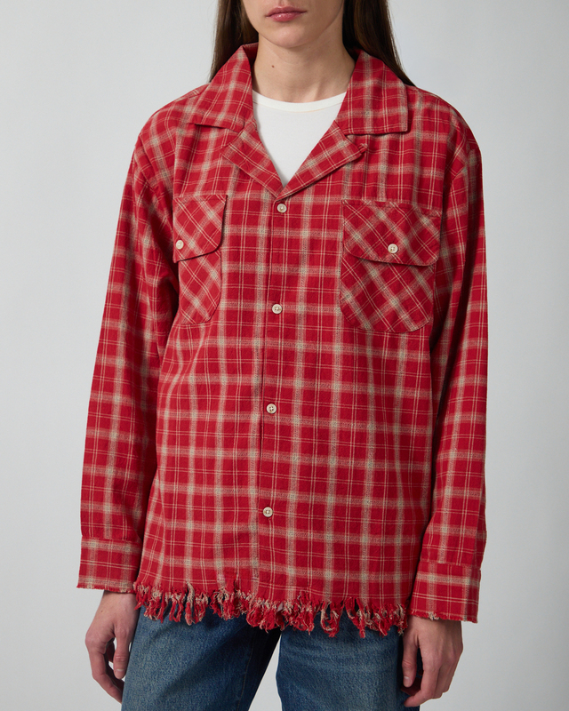 Found Skjorte Camp Raw Cut Fringe Plaid Red L