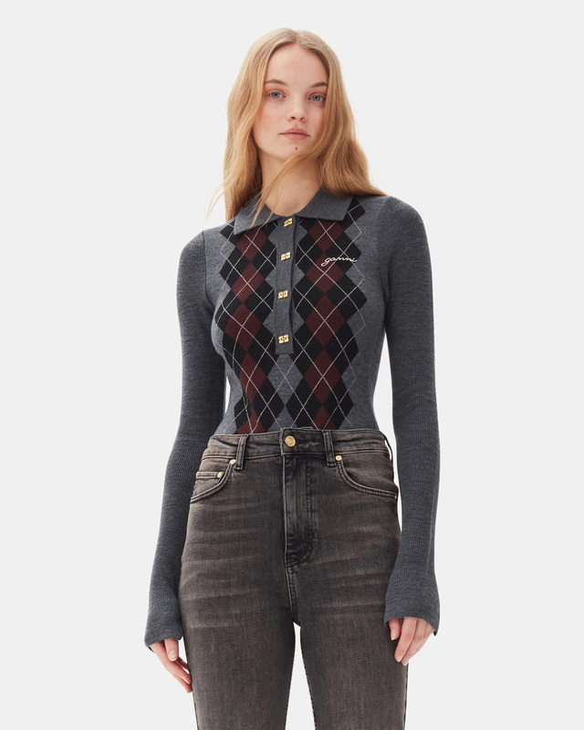 Ganni Sweater Fine Merino Jacquard Polo Mörkgrå XS
