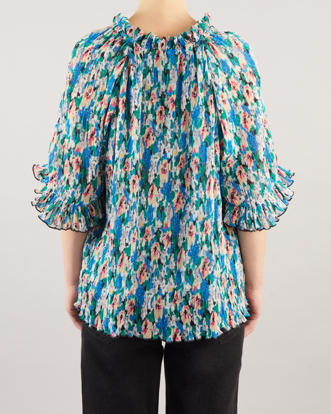 Pleated Georgette V-neck Raglan Blus Blå 2