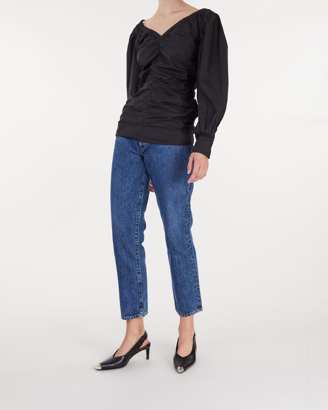 Ganni Blouse Cotton Poplin V-neck Gathered Black 44