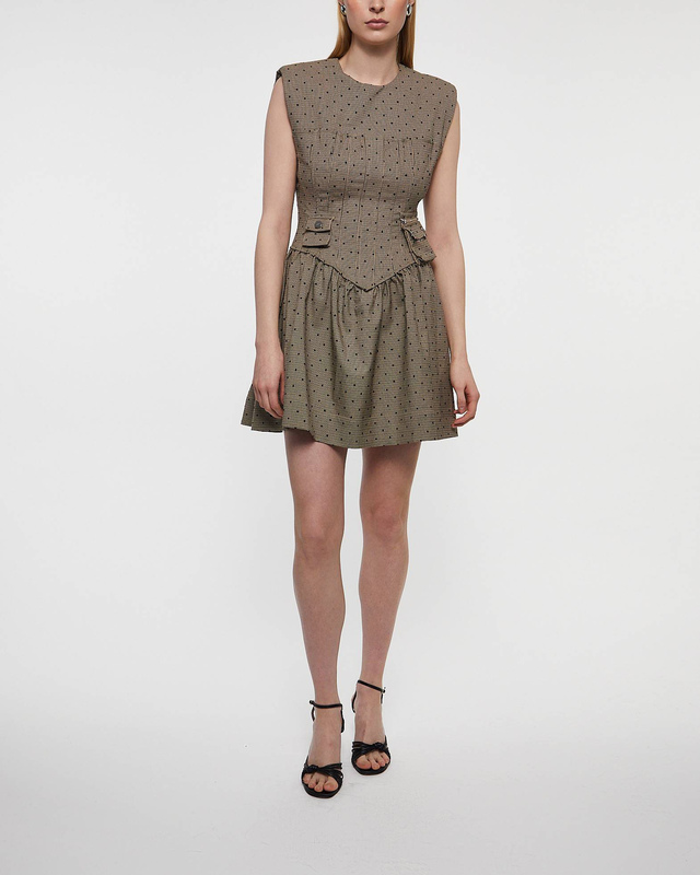 GANNI Klänning Flock Check Corset Mini Beige/brun 40