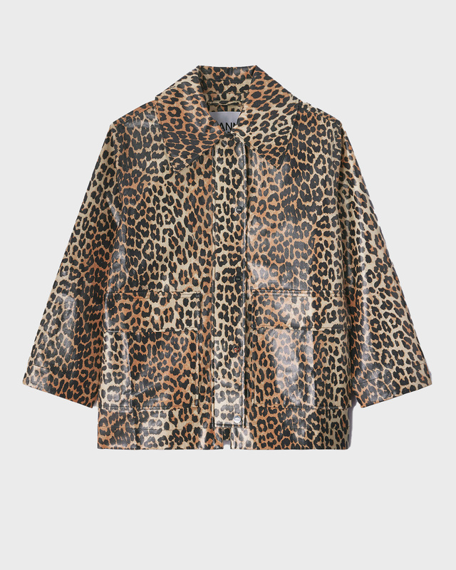 Ganni Jacket Laminated Cotton Canvas Leopard L-XL
