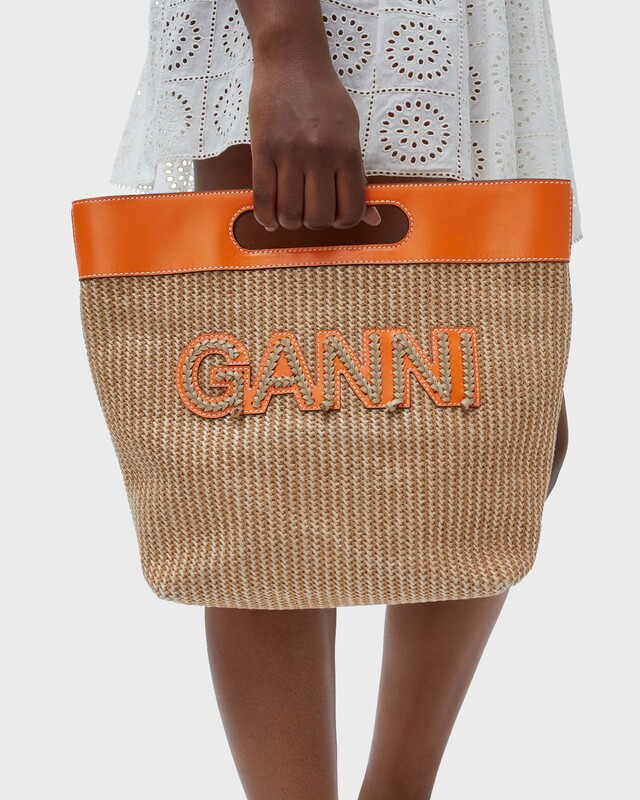 Ganni Bag Kraft Medium Tote Raffia Orange ONESIZE