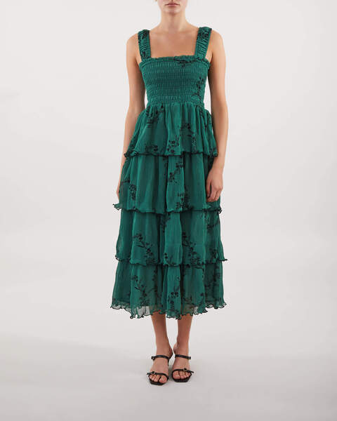 Dress Pleated Georgette Flounce Midi Green 1