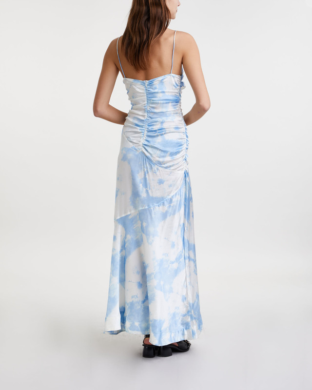 Ganni Dress Printed Satin Ruched Long Slip Blå 40