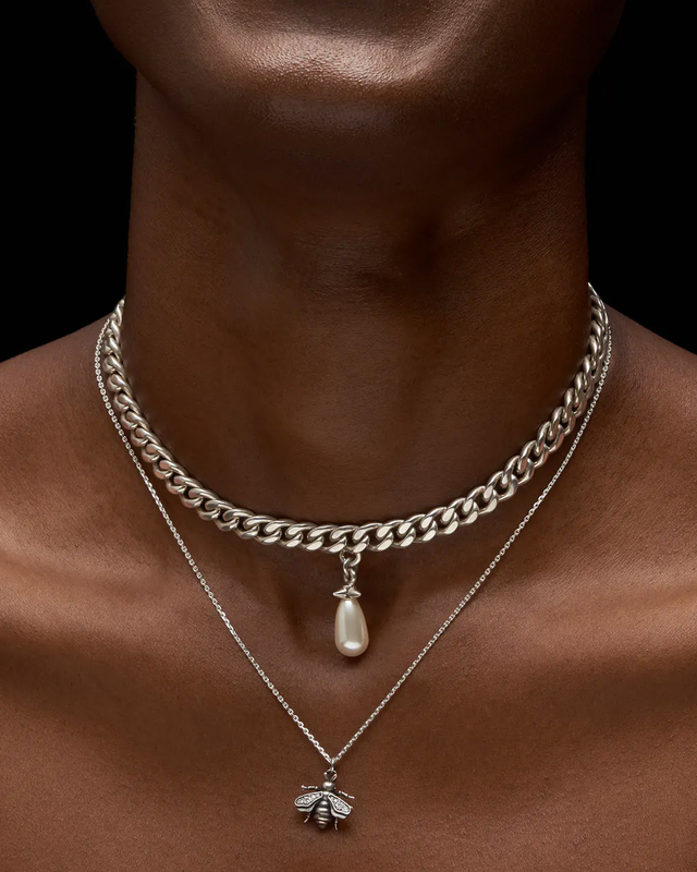 Maria Nilsdotter Necklace Chunky Chain Drop Pearl Silver ONESIZE