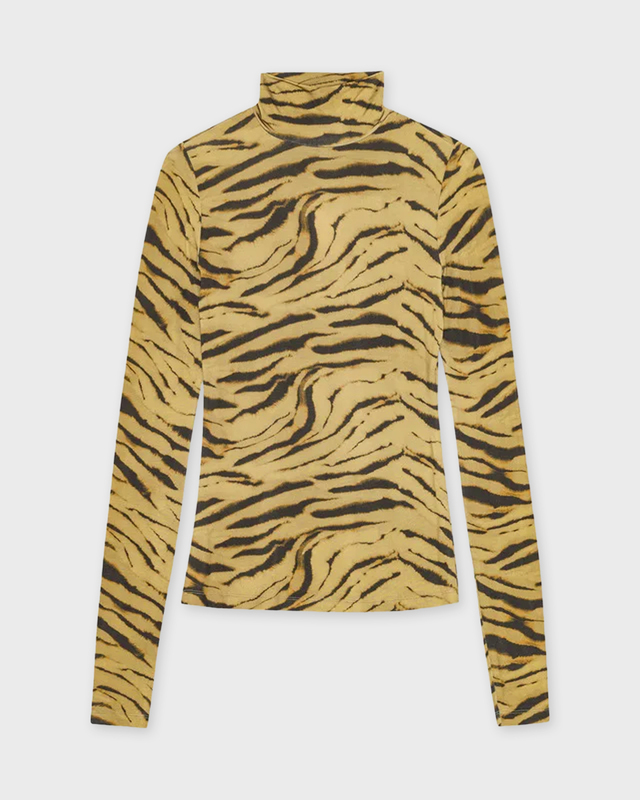 GANNI Topp Printed Shiny Jersey Turtleneck Khaki 38