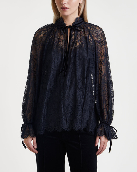 Blus Sheer Blouson-Sleeve Lace Svart 1