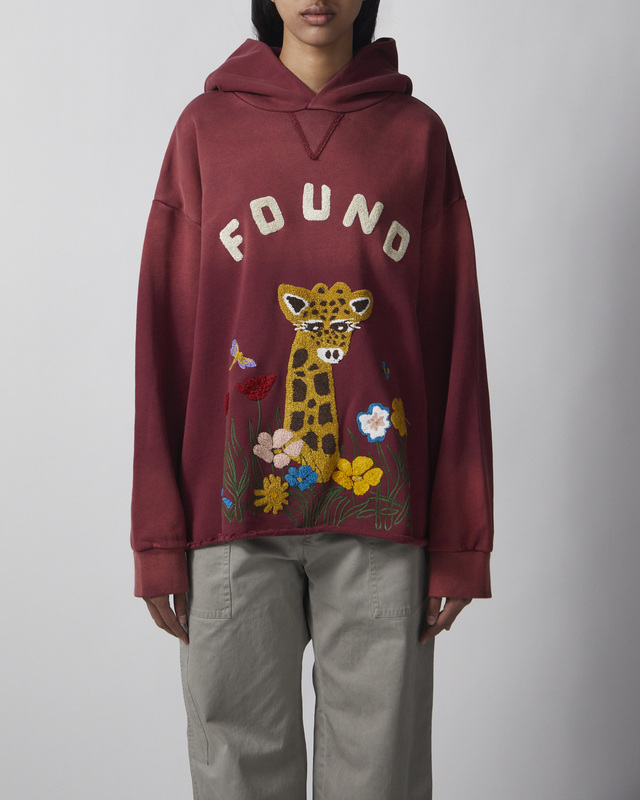 Found Hoodie Wildlife Embroidered Unisex Burgundy XS