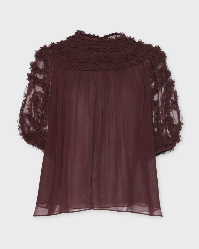 Ulla Johnson Blouse Isolda Silk Smocked Short Sleeve Mahogny  US 6 (EUR 38)