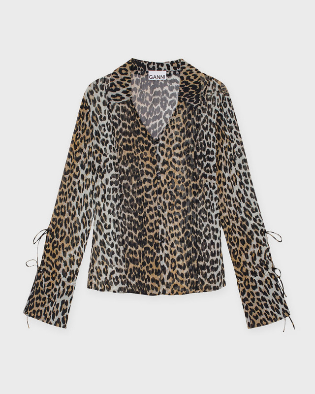 Ganni Shirt Printed Chiffon Slim Leopard 42