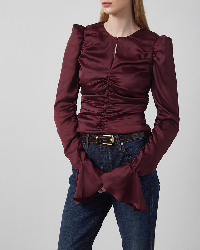 ROTATE Birger Christensen Top Chiffon Ruched Long Sleeve Red/Pink 36