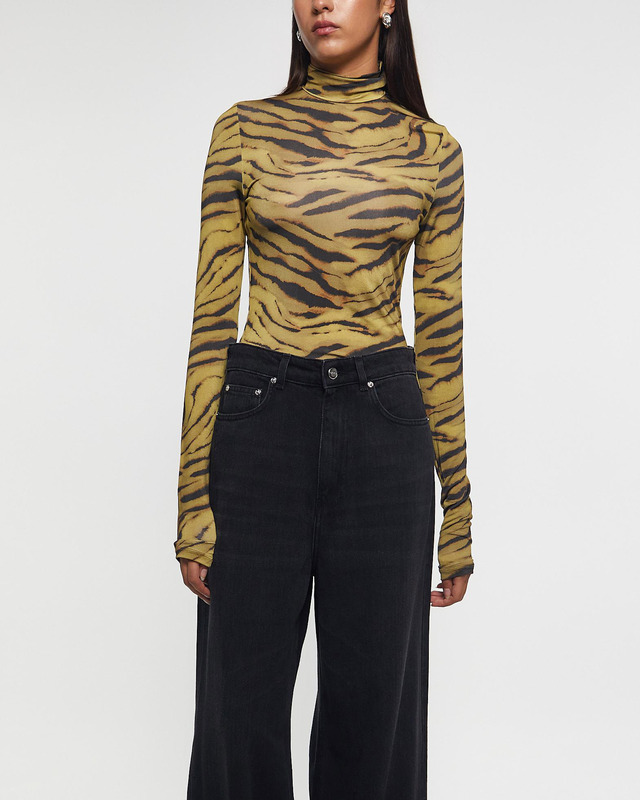 GANNI Topp Printed Shiny Jersey Turtleneck Khaki 38