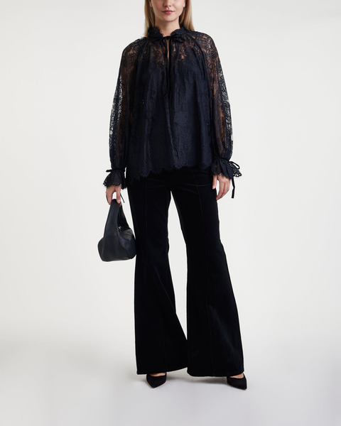Blus Sheer Blouson-Sleeve Lace Svart 2