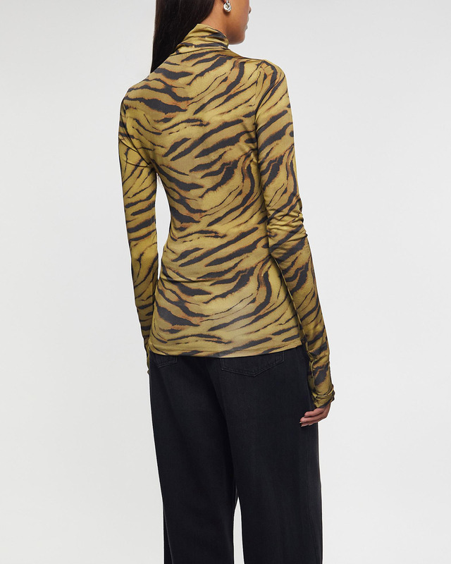 GANNI Topp Printed Shiny Jersey Turtleneck Khaki 38