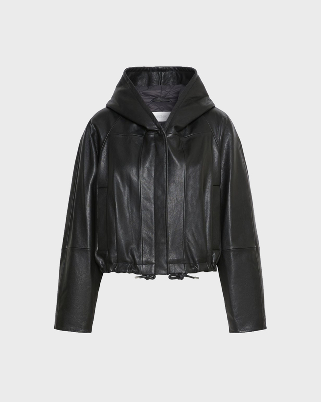 Sportmax Jacket Leather Bomber Hood Black IT 38 (EUR S)