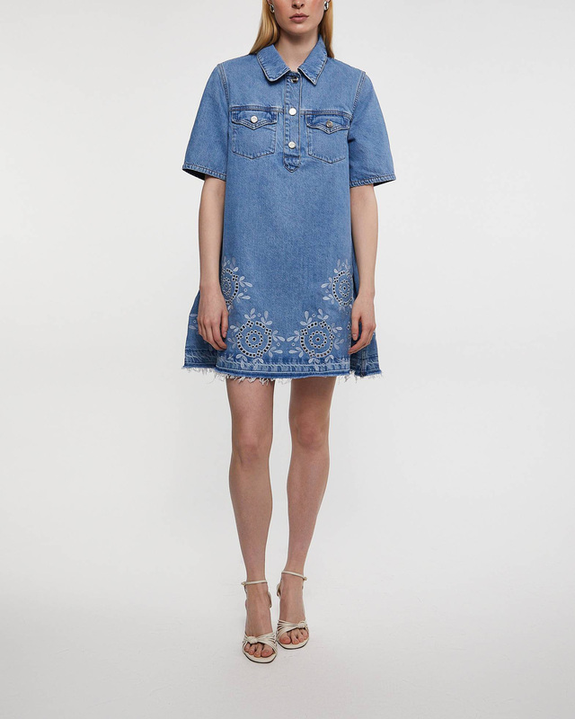 Ganni Dress Broderie Anglaise Denim Mini Light blue 36