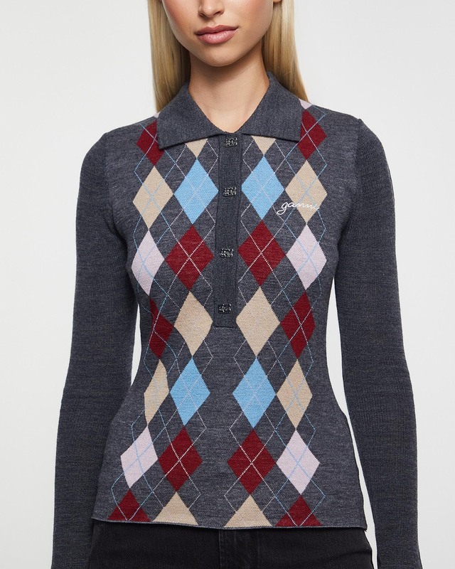 Ganni Sweater Fine Merino Jacquard Polo Paloma melange XL