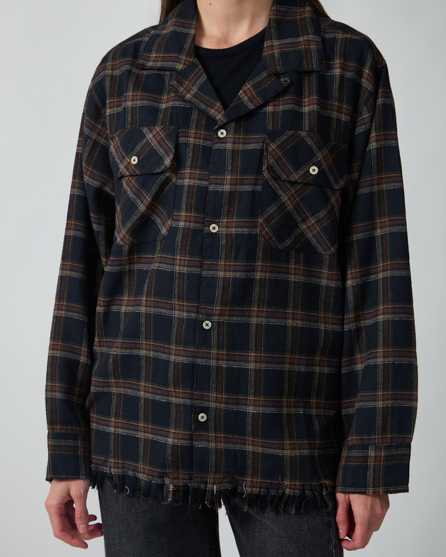 Found Skjorte Raw Cut Fringe Plaid Camp Navy L