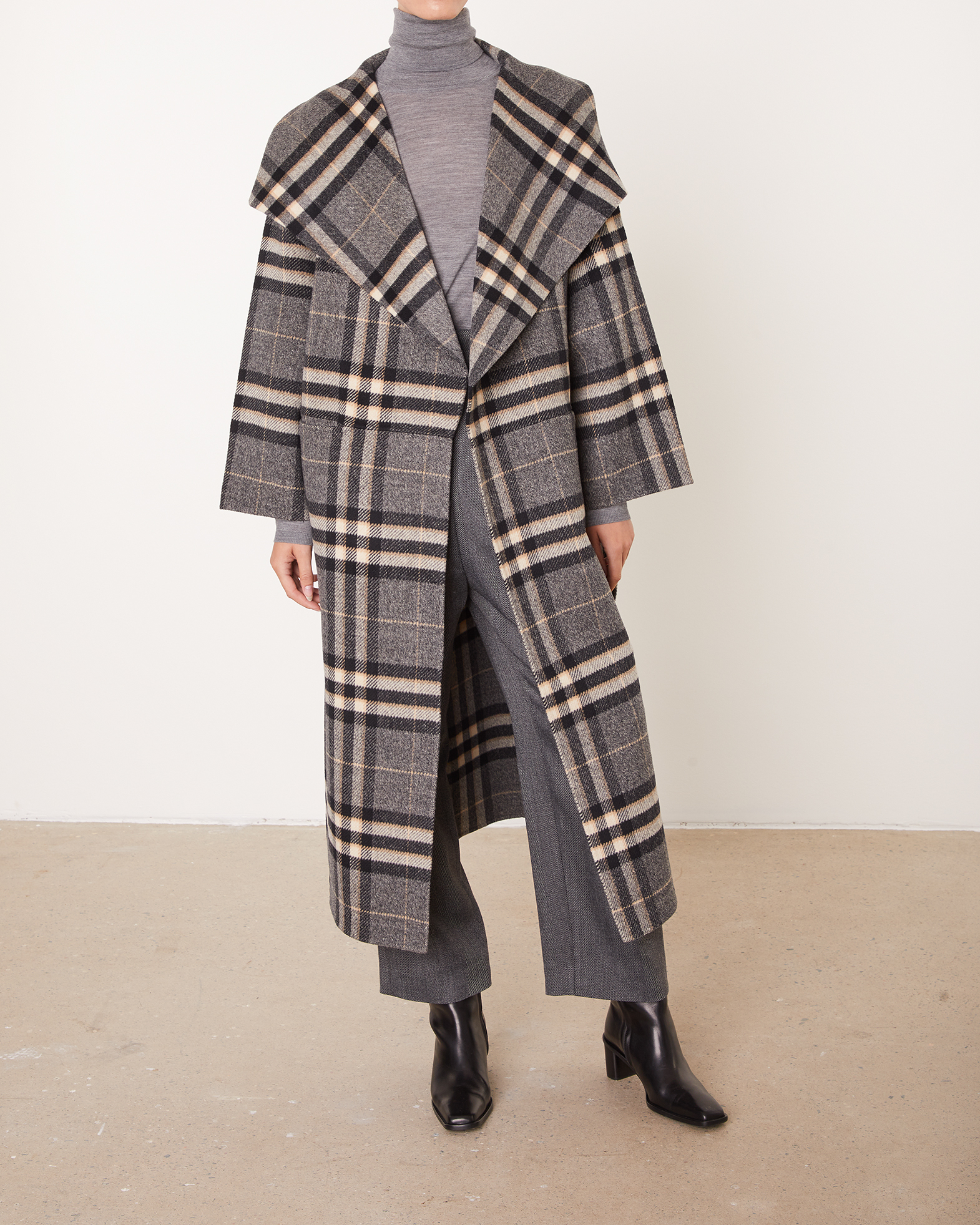 long checked wool coat