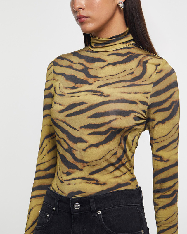 GANNI Topp Printed Shiny Jersey Turtleneck Khaki 38