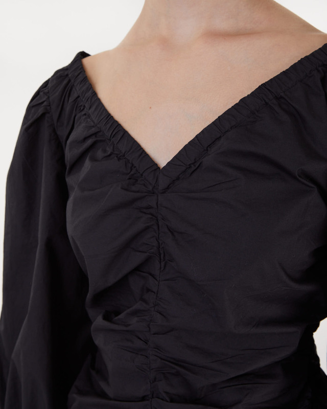 Ganni Blouse Cotton Poplin V-neck Gathered Black 44