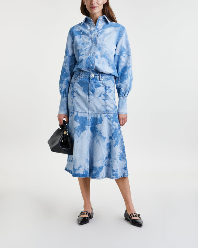 GANNI Kjol Bleach Denim Flounce Midi Ljusblå 36