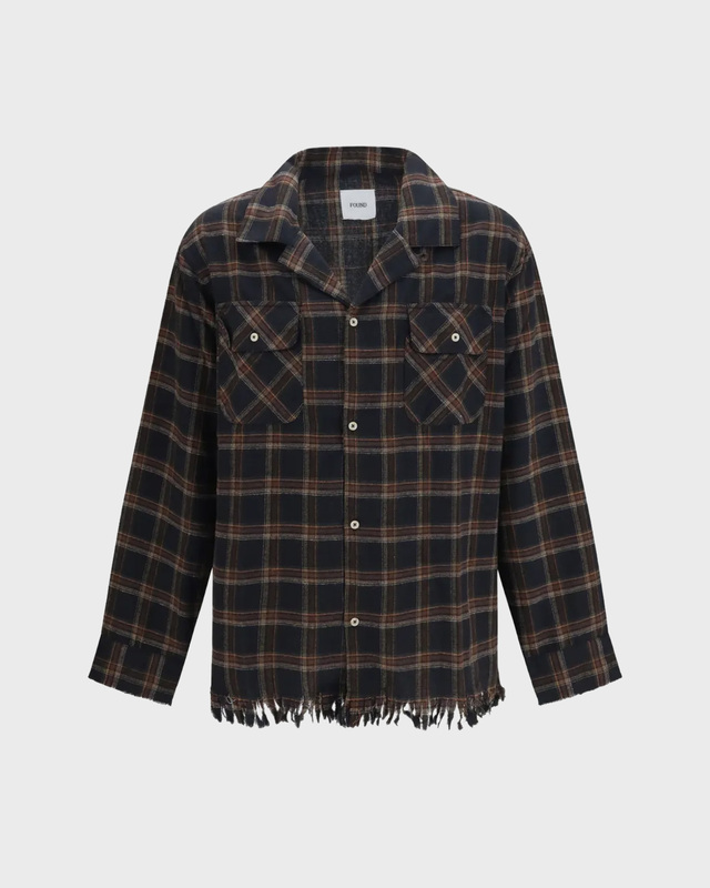 Found Skjorte Raw Cut Fringe Plaid Camp Navy L