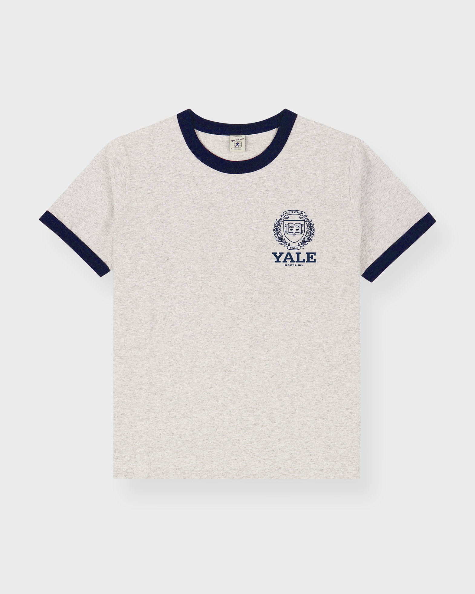 Sporty & Rich Women's Grey T-Shirt Yale Crest Ringer Xs