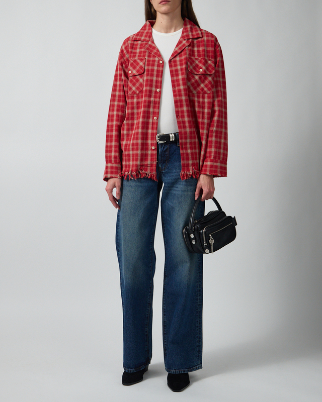 Found Skjorte Camp Raw Cut Fringe Plaid Red L