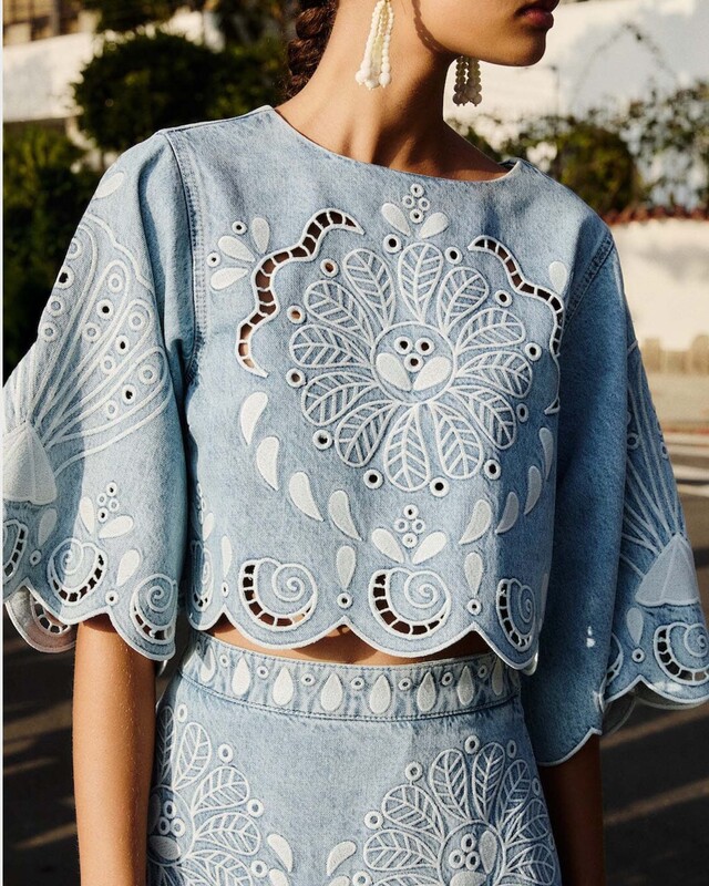 FARM Rio Blouse Denim Richelieux Cropped Denim XS