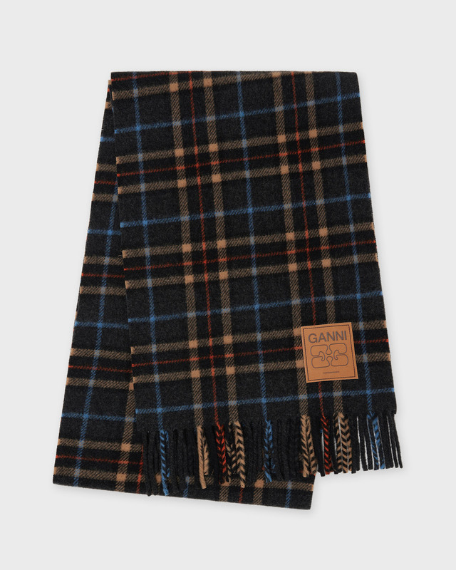 Ganni Scarf Double Face Wool Check  Charcoal ONESIZE