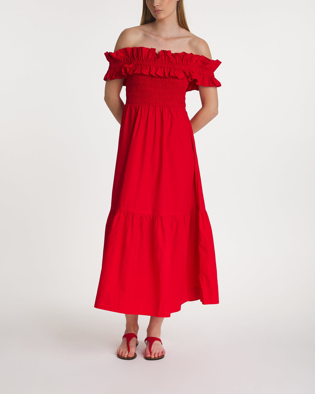 Ganni Dress Cotton Poplin Long Smock Red 38