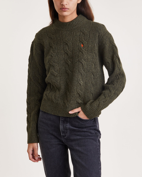 Sweater Cable Wool Mockneck Olivgrön 1